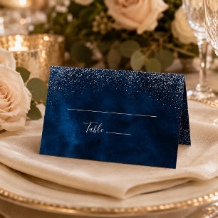 Navy Blue Silver Glitter Wedding Place Card