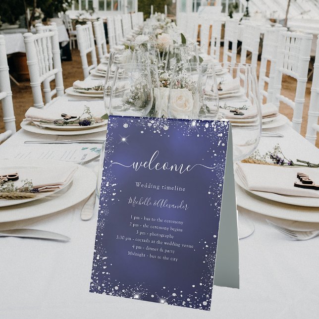 Navy blue silver glitter wedding program timeline (Creator Uploaded)