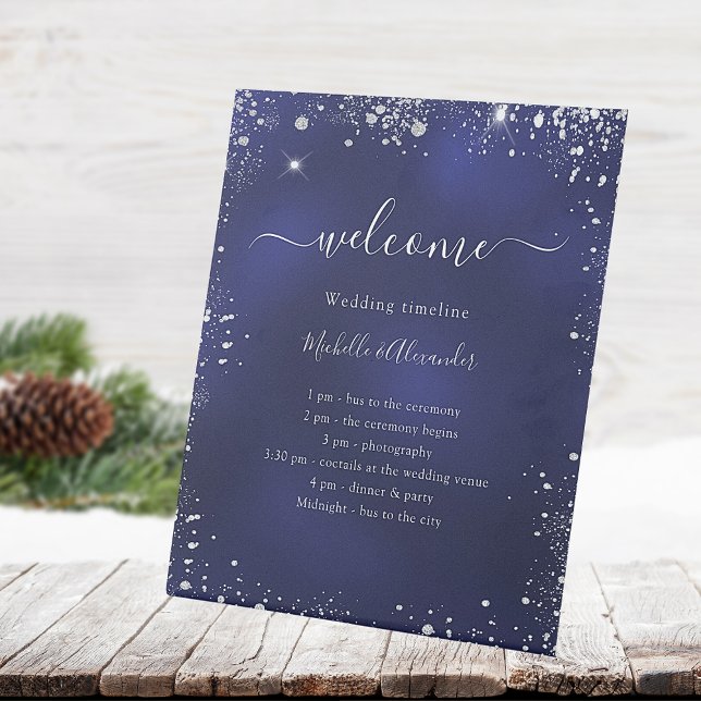 Navy blue silver glitter wedding program timeline pedestal sign (Creator Uploaded)