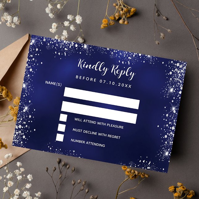 Navy blue silver glitter wedding RSVP Card (Creator Uploaded)