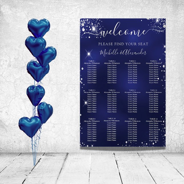 Navy blue silver glitter wedding seating chart (Creator Uploaded)