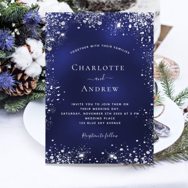 Navy blue silver glitter winter wedding invitation (Creator Uploaded)