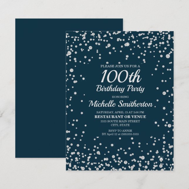 Navy Blue Silver Glitter Women 100th Birthday Card (Front/Back)