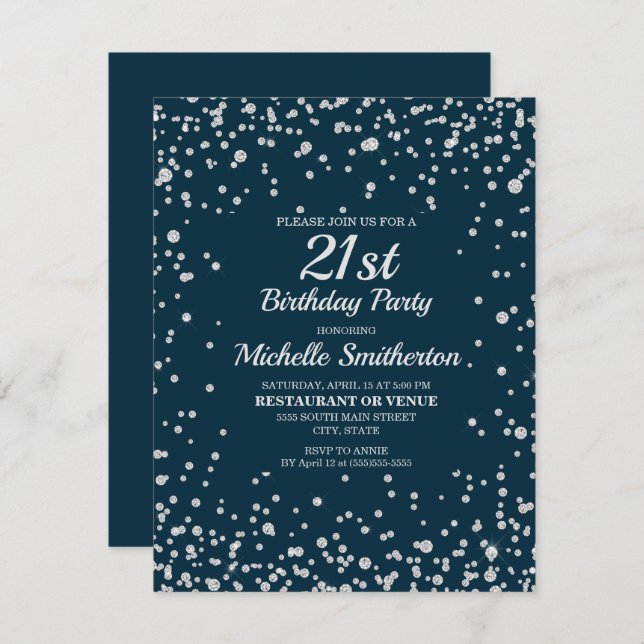 Navy Blue Silver Glitter Women 21st Birthday Card (Front/Back)