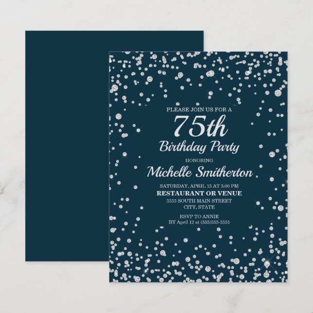 Navy Blue Silver Glitter Women 75th Birthday Card (Front/Back)