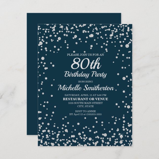 Navy Blue Silver Glitter Women 80th Birthday Card (Front/Back)