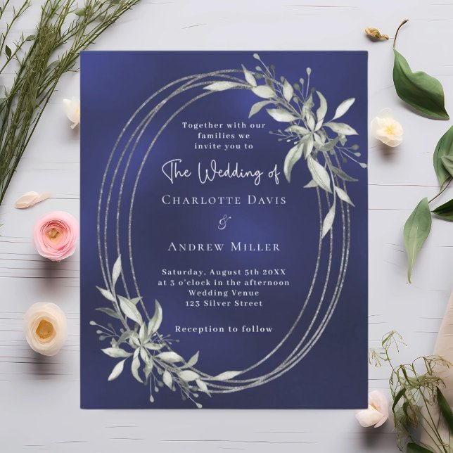 Navy blue silver greenery wedding invitation (Creator Uploaded)