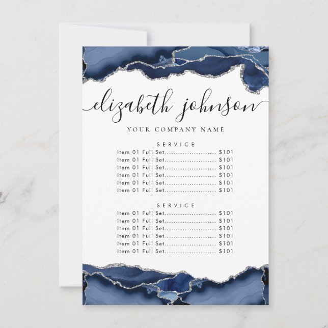 Navy Blue Silver Grey Agate Business Company Price Invitation (Front)