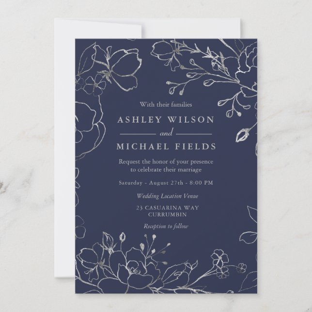 Navy Blue & Silver Grey Floral Modern Wedding Invitation (Front)