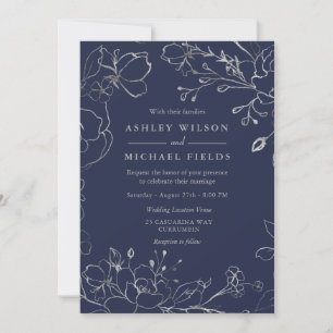 Navy Blue & Silver Grey Floral Modern Wedding Invitation
