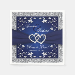 Navy Blue, Silver Grey Floral Paper Wedding Napkin
