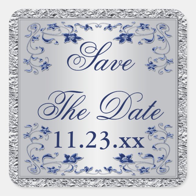 Navy Blue Silver Grey Floral Save The Date Sticker (Front)