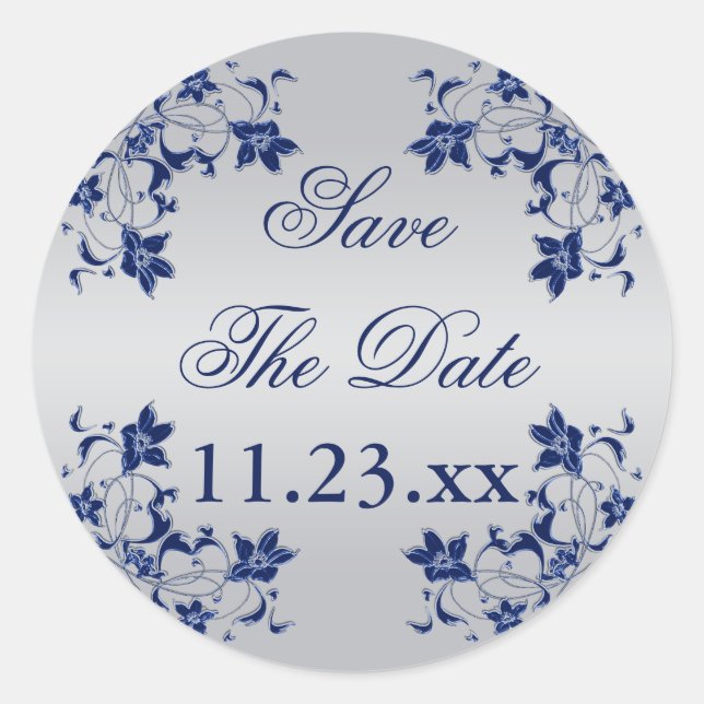 Navy Blue Silver Grey Floral Save The Date Sticker (Front)