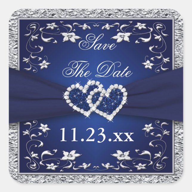 Navy Blue Silver Grey Floral Save The Date Sticker (Front)
