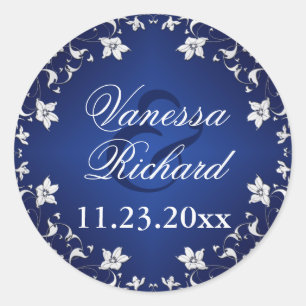 Navy Blue, Silver Grey Floral Wedding Sticker