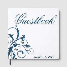 Navy Blue Silver/Grey Flourish Guest Book