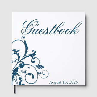 Navy Blue Silver/Grey Flourish Guest Book