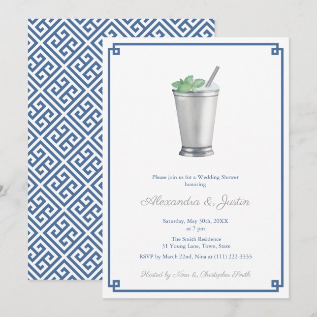 Navy Blue & Silver Grey Mint Julep Wedding Shower Invitation (Front/Back)