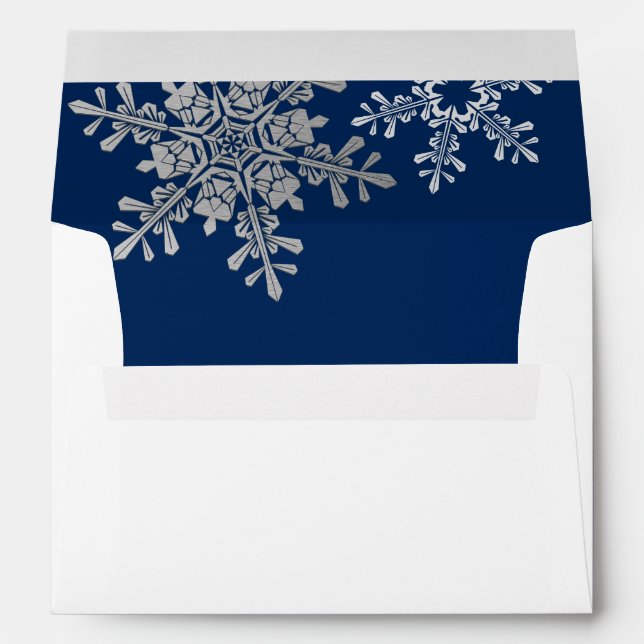 Navy Blue Silver Grey Snowflake Winter Wedding A7 Envelope (Back (Bottom))