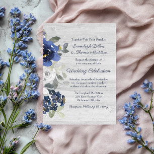 Navy Blue Silver Grey Watercolor Floral Wedding Invitation