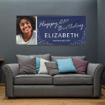 Navy Blue Silver Happy 21st Birthday Photo Banner<br><div class="desc">Trendy twenty first birthday party banner featuring a stylish navy blue background that can be changed to any colour,  a photo of the birthday boy/girl,  silver confetti glitter,  the words "happy 21st birthday" in a faux silver foil script,  their name,  and the date.</div>