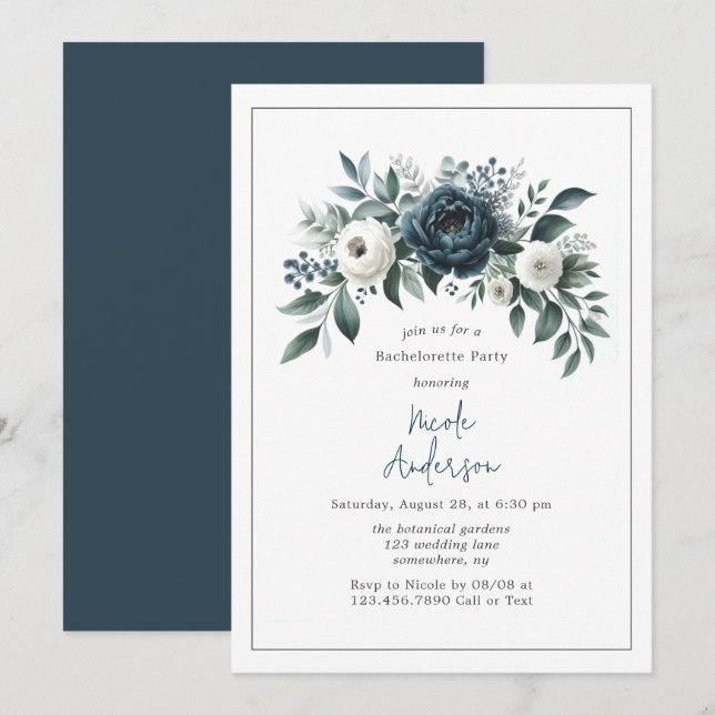 Navy Blue & Silver Ivory Floral Bachelorette Party Invitation (Front/Back)