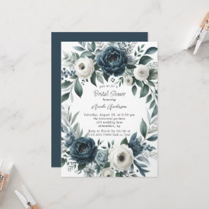 Navy Blue & Silver Ivory Floral Bridal Shower Invitation