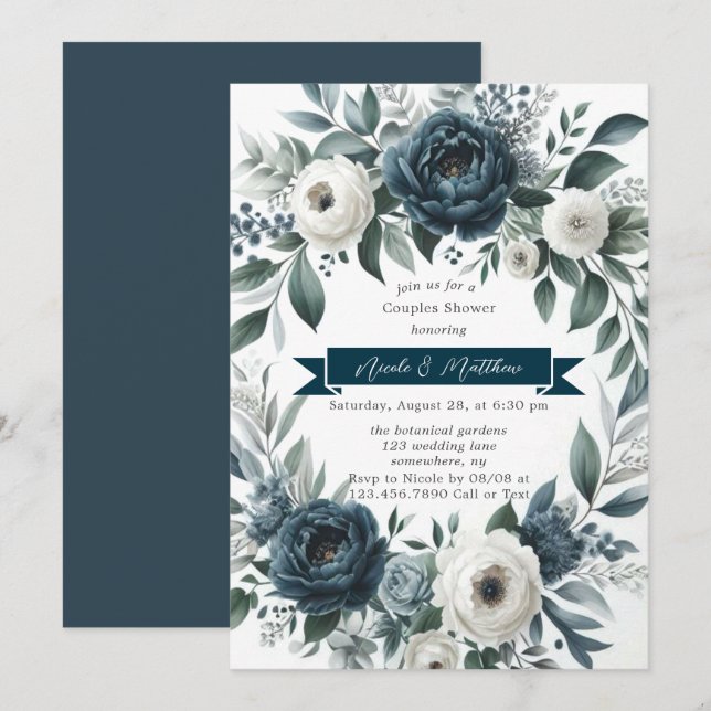 Navy Blue & Silver Ivory Floral Couples Shower Invitation (Front/Back)