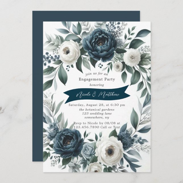 Navy Blue & Silver Ivory Floral Engagement Party Invitation (Front/Back)