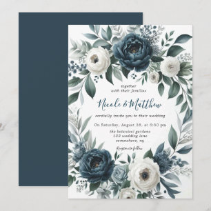 Navy Blue Silver Ivory Floral Wedding Celebration Invitation