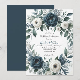 Navy Blue Silver Ivory Floral Wedding Celebration Invitation