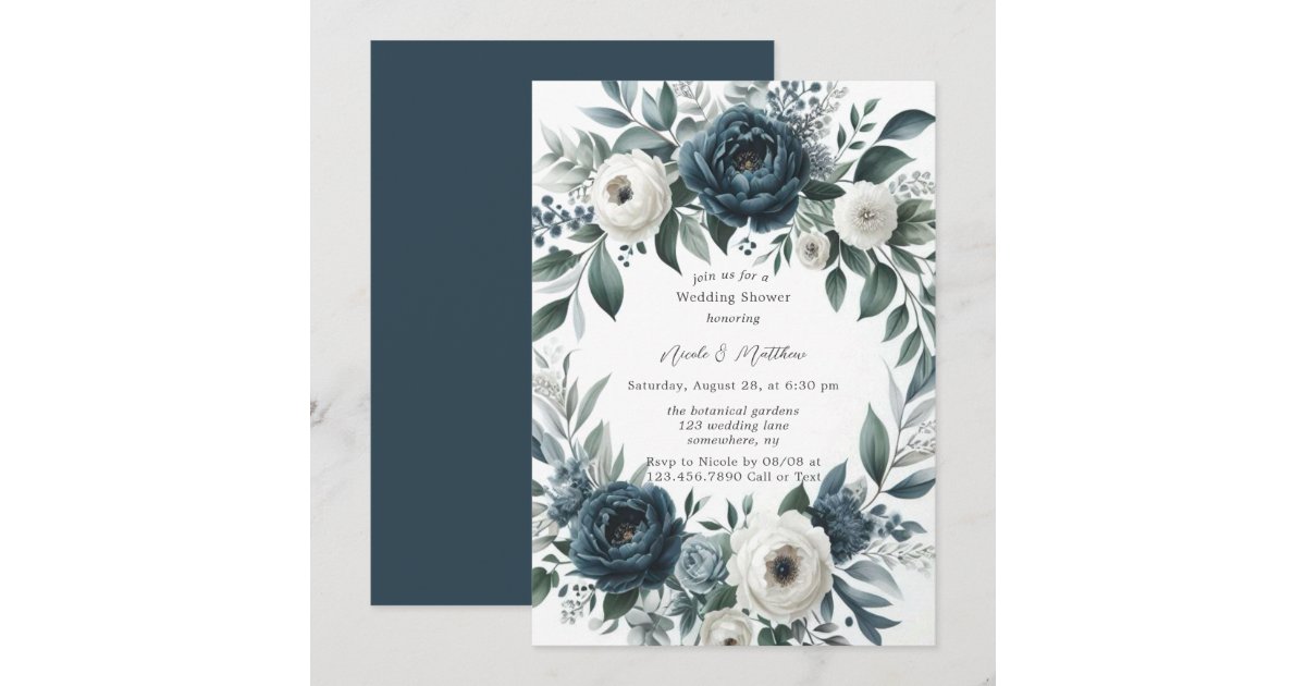 Navy Blue & Silver Ivory Floral Wedding Shower Invitation | Zazzle