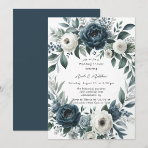 Navy Blue & Silver Ivory Floral Wedding Shower Invitation