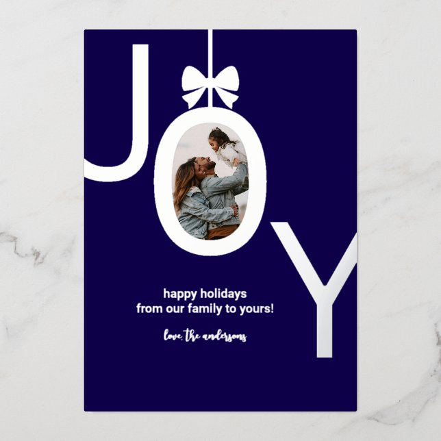 Navy Blue Silver JOY Real Foil Photo Holiday Card (Front)