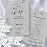Navy Blue Silver Lace Budget Grey Wedding Program<br><div class="desc">These wedding programs are elegant and tasteful, while still being budget friendly. The design features ornate silver grey faux foil lace with navy blue coloured text on a grey background. The typography features lacy script calligraphy, and there is room for details on the ceremony, the bridal party, and a short...</div>