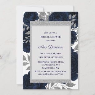 Navy Blue & Silver Leaves Bridal Shower Invitation