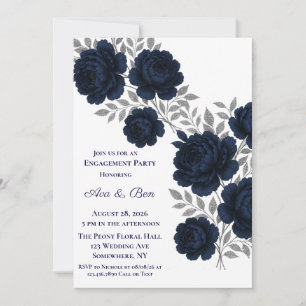 Navy Blue & Silver Leaves Engagement Party Invitation