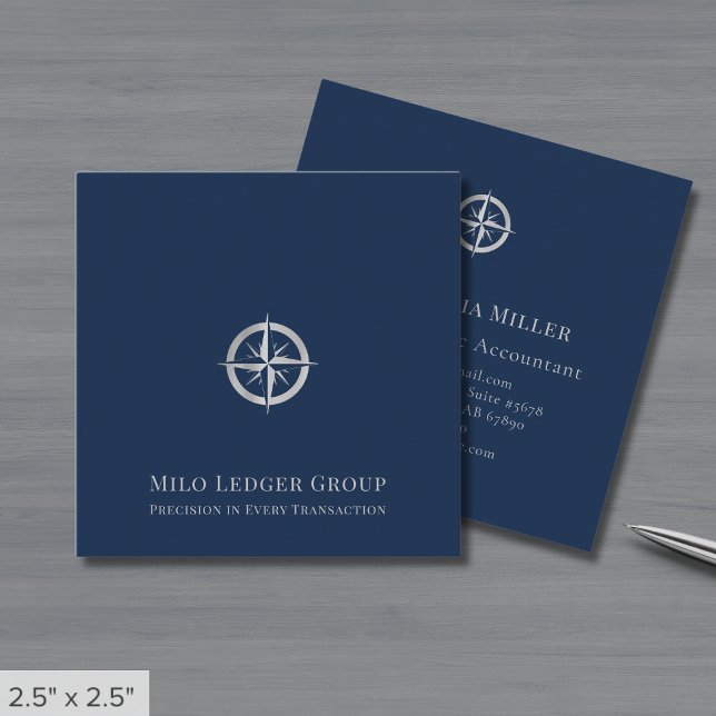 Navy Blue Silver Logo Square Business Card (Creator Uploaded)
