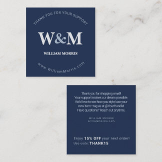 Navy Blue Silver Luxury Branded Company Thank You Square Business Card