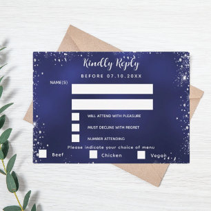 Navy blue silver menu choises wedding RSVP