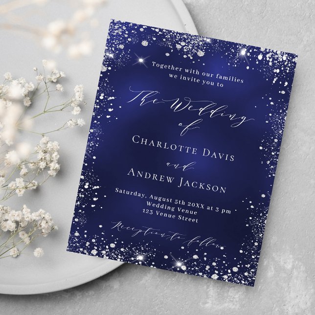 Navy blue silver modern budget wedding invitation (Creator Uploaded)
