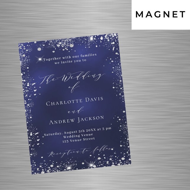 Navy blue silver modern luxury wedding magnetic invitation (Creator Uploaded)