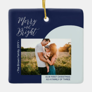 Navy Blue & Silver Modern Photo Christmas Family Ceramic Ornament
