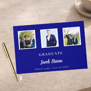Navy blue silver name script photo Graduation Guest Book