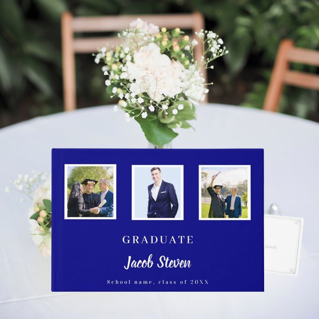 Navy blue silver name script photo Graduation Guest Book (Creator Uploaded)