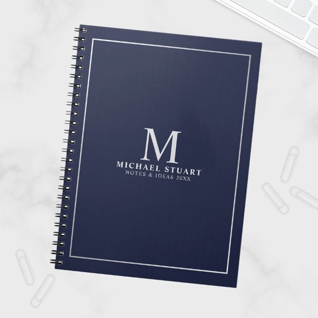 Navy Blue Silver Personalised Monogram and Name Notebook (Creator Uploaded)