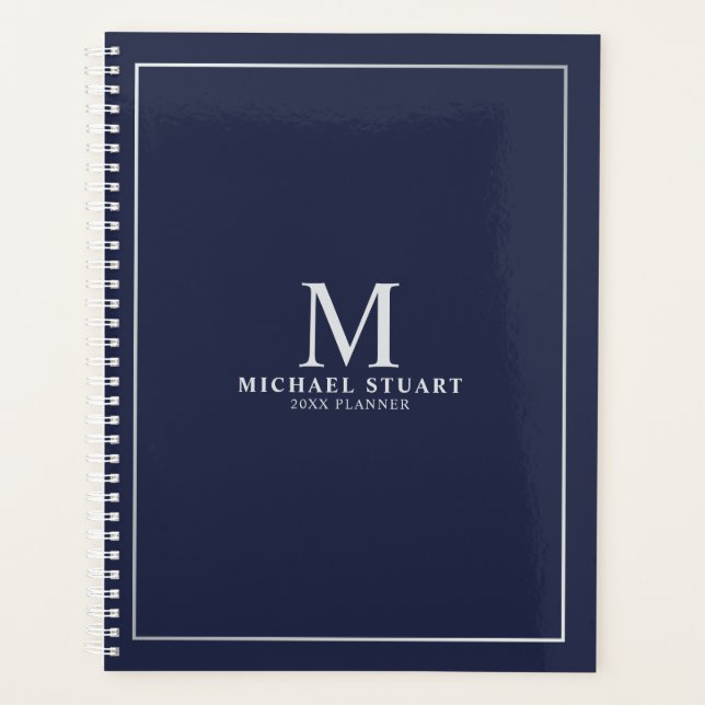 Navy Blue Silver Personalised Monogram and Name Planner (Front)