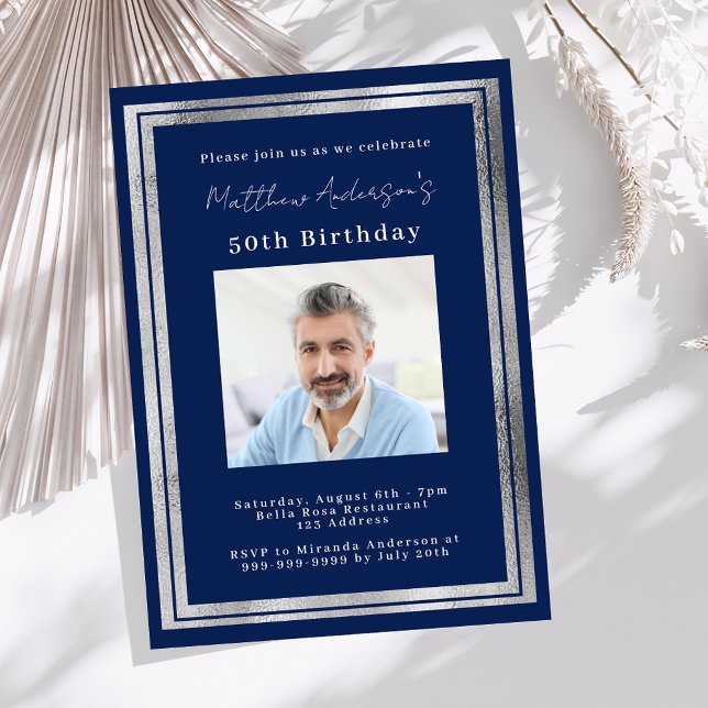 Navy blue silver photo birthday invitation (Creator Uploaded)