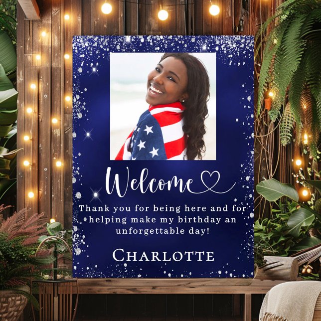 Navy blue silver photo birthday party welcome  poster (Creator Uploaded)