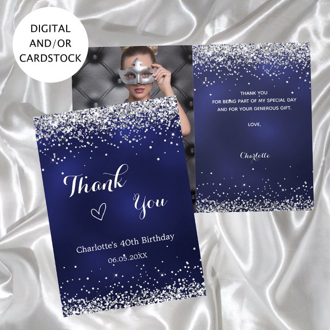 Navy blue silver photo birthday thank you card (Creator Uploaded)